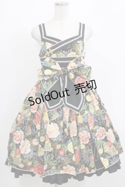 画像1: metamorphose / 花と扇の和柄タックジャンパースカート サイズ1 ブラック H-26-01-07-005-ME-OP-NS-ZH