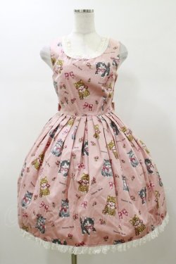 画像1: Innocent World / ねこ柄タックジャンパースカート Free ピンク H-26-01-08-065-IW-OP-NS-ZH