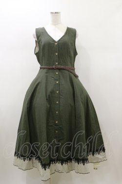 画像1: Forest Song（海外ロリータブランド） / 灰緑の縦縞クラシカルジャンパースカート XL グリーン H-26-01-08-083-LO-OP-NS-ZH