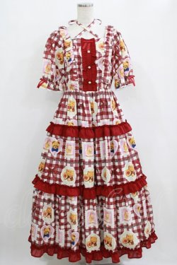 画像1: axes femme Kawaii / ベアズベーカリー柄ロングワンピース M ワイン H-26-01-16-009-AX-OP-YZ-ZH