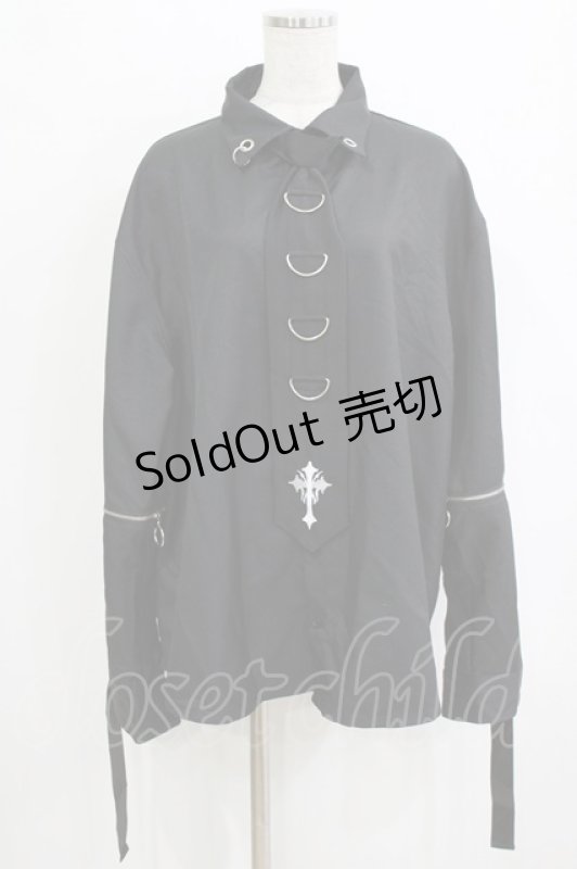 画像1: Amilige / クロスロゴプリント袖リングシャツ＆リングクロス刺繍ネクタイ  ブラック H-26-01-21-047-PU-BL-KB-ZH (1)