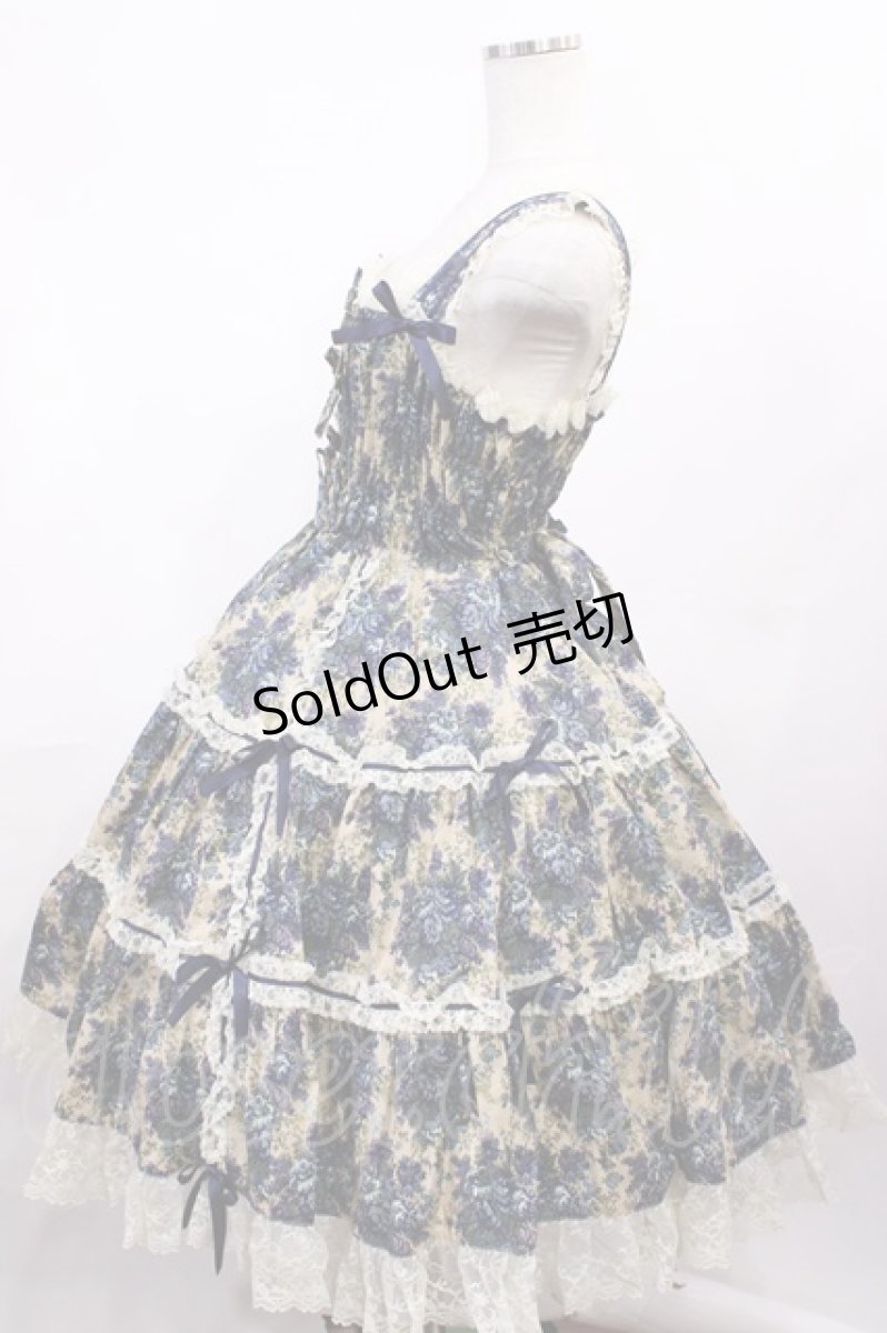画像2: metamorphose / ゴブランプリントシャーリングティアードリボンジャンパースカート Free ブルー H-26-01-21-1035-ME-OP-NS-ZH (2)
