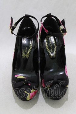 画像1: JESUS DIAMANTE / ロココLadyワンリボンパンプス S BBローズ柄黒ピンク H-26-01-22-1075-JE-SH-NS-ZH