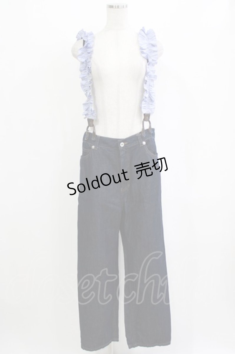 画像1: Jane Marple / Cotton Linen Denim Frill Suspenders Pants  ブルー H-26-01-25-026-JM-PA-KB-ZH (1)