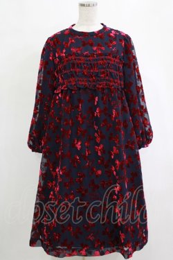 画像1: Jane Marple / Winter ribbonsスモッキングドレス  ネイビー×ワインレッド H-26-01-25-008-JM-OP-KB-ZH