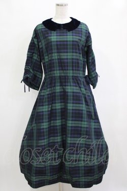 画像1: Jane Marple Dans Le Salon / メモリアルチェックベルベットカラードレス  グリーン×ネイビー H-26-01-25-002-JM-OP-KB-ZH