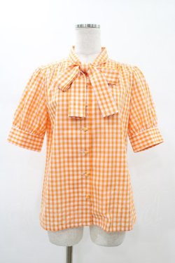 画像1: Nile Perch / ギンガムチェックリボンブラウス  オレンジ H-26-02-01-1051-LO-BL-KB-ZH