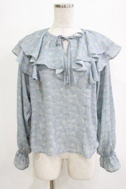 画像1: an another angelus / フレンチローズ柄ラッフルカラーブラウス Free L/BLUE×WH H-26-02-02-042-CA-BL-NS-ZH