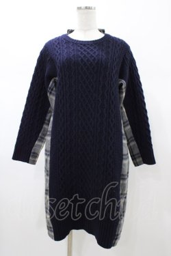 画像1: Jane Marple Dans Le Salon / アランニットとシャギーチェックのドレス M グレー×ネイビー H-26-02-02-1047-JM-OP-AK-ZH