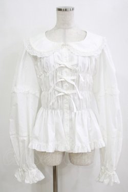 画像1: metamorphose / 【プラスサイズ】レース切替丸襟シャーリングブラウス プラスサイズ オフ H-26-02-04-055-ME-TS-NS-ZH