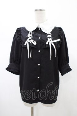 画像1: Rojita / 衿フリルダブルレースアップ配色ブラウス Free ブラック H-26-02-09-048-LO-BL-NS-ZH
