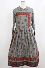Jane Marple Dans Le Salon / Flowers of Jouy scarf Tartan check hem dress  グレー H-26-02-10-005-JM-OP-KB-ZH