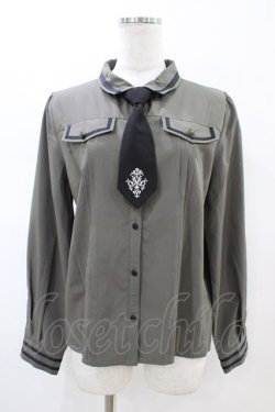 画像1: axes femme / 刺繍入りネクタイ付きブラウス  カーキ H-26-02-14-1049-AX-BL-KB-ZH