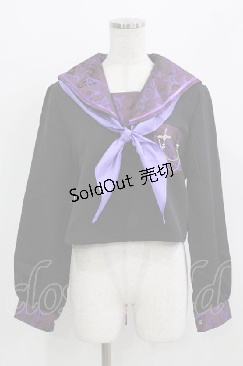 画像1: BLOOD SUPPLY（海外ブランド） / Purple Butterfly Gothic Japanese Bad Girl JK Short Sleeves tops L 黒×紫 H-26-02-24-1008-GO-TO-KB-ZH (1)