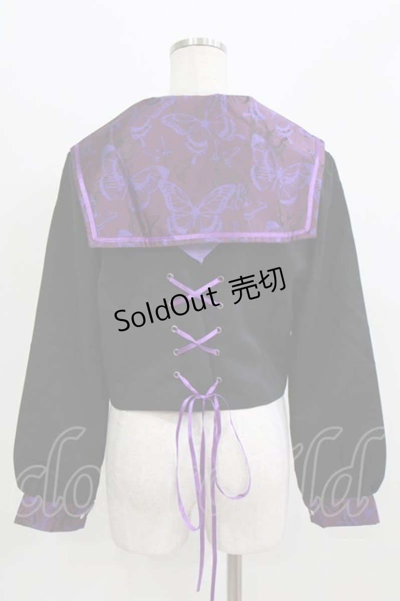 画像3: BLOOD SUPPLY（海外ブランド） / Purple Butterfly Gothic Japanese Bad Girl JK Short Sleeves tops L 黒×紫 H-26-02-24-1009-GO-TO-KB-ZH (3)