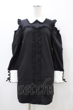 画像1: DearMyLove / フリルたっぷりオフショルシャツワンピース M ブラック H-26-03-07-1038-EL-OP-NS-ZH