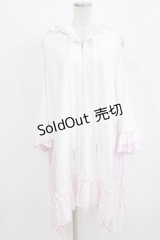 画像1: HANGRY&ANGRY / 猫耳オフショルパーカー  ホワイト×ピンクストライプ H-26-03-07-058-HN-TO-KB-ZH (1)