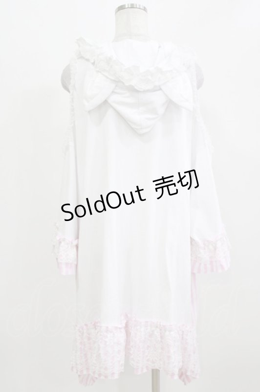 画像3: HANGRY&ANGRY / 猫耳オフショルパーカー  ホワイト×ピンクストライプ H-26-03-07-058-HN-TO-KB-ZH (3)