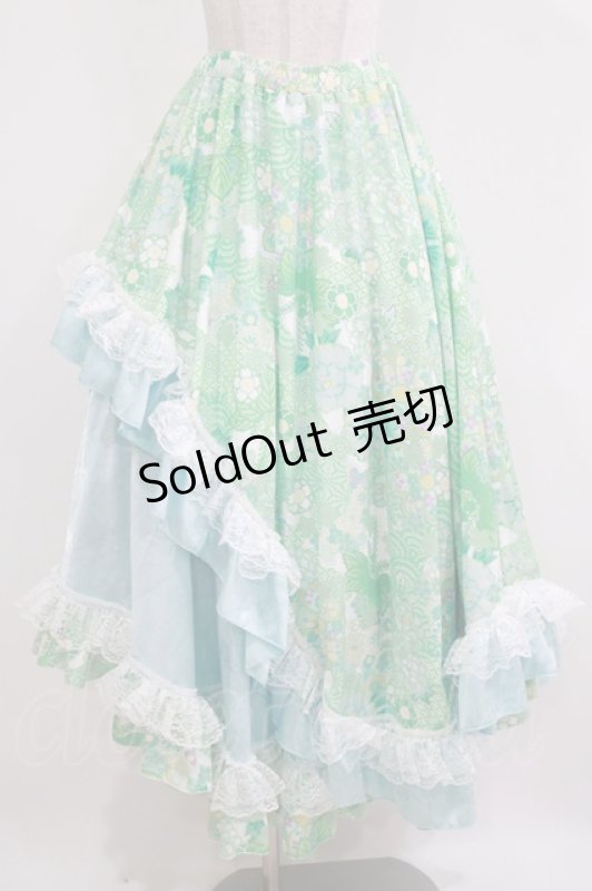 画像1: Qutie Frash / 和柄ロングスカート  ミントグリーン H-26-03-07-021-QU-SK-KB-ZH (1)