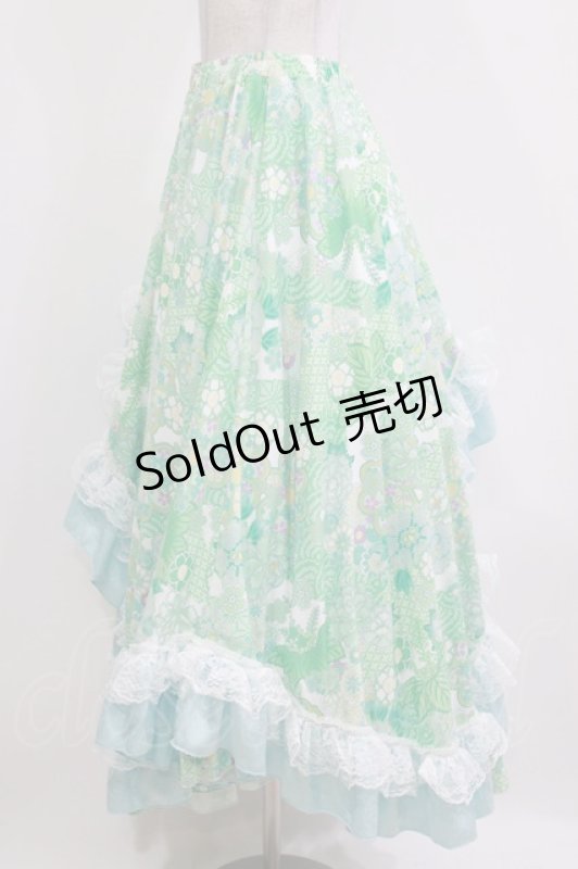 画像2: Qutie Frash / 和柄ロングスカート  ミントグリーン H-26-03-07-021-QU-SK-KB-ZH (2)