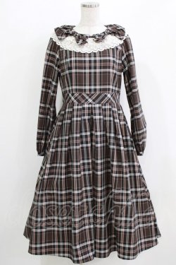 画像1: Melody BasKet / リボンとレースカラーのタータンチェックワンピース  ブラウン H-26-03-09-1004-LO-OP-KB-ZH