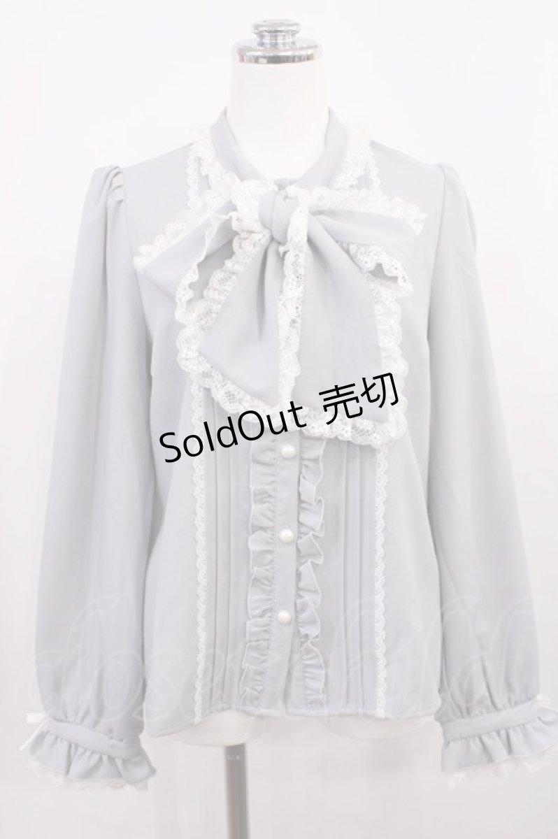 画像1: DearMyLove / レースフリルたっぷり上品ボウタイリボンブラウス M ブルーグレー H-26-03-12-1032-EL-BL-NS-ZH (1)