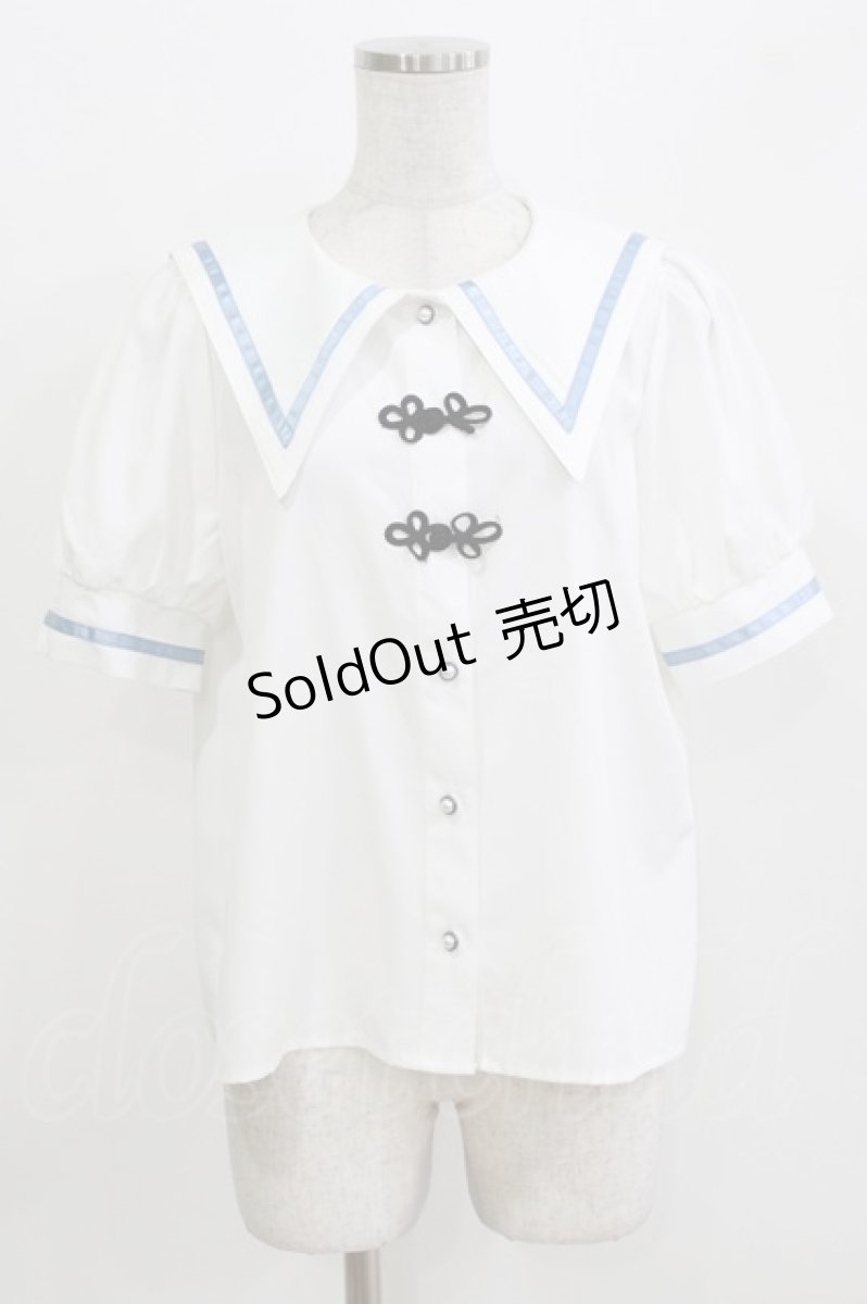 画像1: majoretty / チャイナブラウス L 白/サックス H-26-03-13-1051-GO-BL-NS-ZH (1)