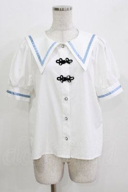 画像1: majoretty / チャイナブラウス L 白/サックス H-26-03-13-1051-GO-BL-NS-ZH