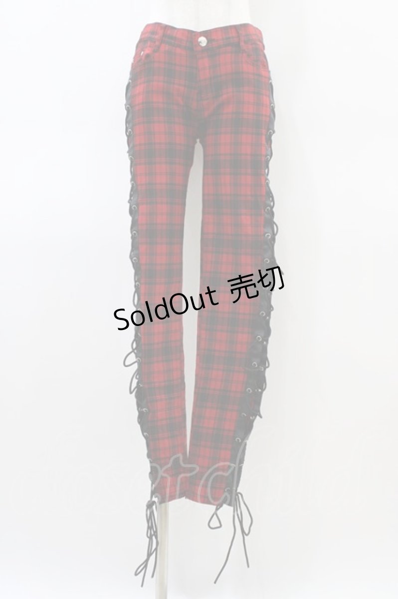 画像1: BANNED APPAREL / レースアップチェックパンツ M 赤 H-26-03-15-009-PU-PA-KB-ZH (1)