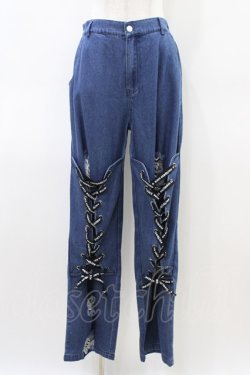 画像1: NieR Clothing / レースアップダメージデニムパンツ  ブルーデニム H-26-03-15-011-PU-PA-KB-ZH
