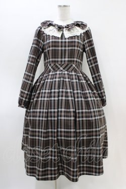 画像1: Melody BasKet / リボンとレースカラーのタータンチェックワンピース M ブラウン H-26-03-15-018-LO-OP-KB-ZH