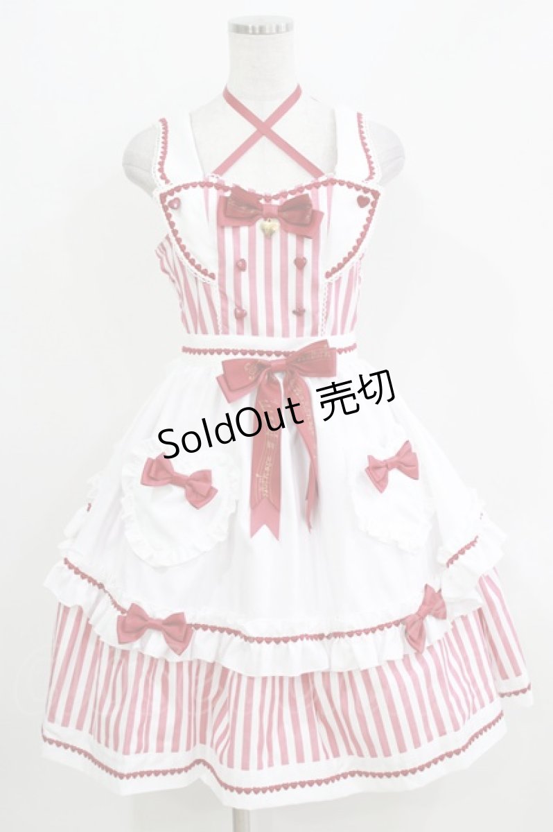 画像1: metamorphose / Chelsea エプロン付ジャンパースカート(ストライプ) Free レッド H-26-03-16-001-ME-OP-NS-ZH (1)