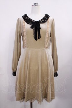 画像1: axes femme / 襟レース使いベロアワンピース M ベージュ H-26-03-16-1014-AX-OP-NS-ZH