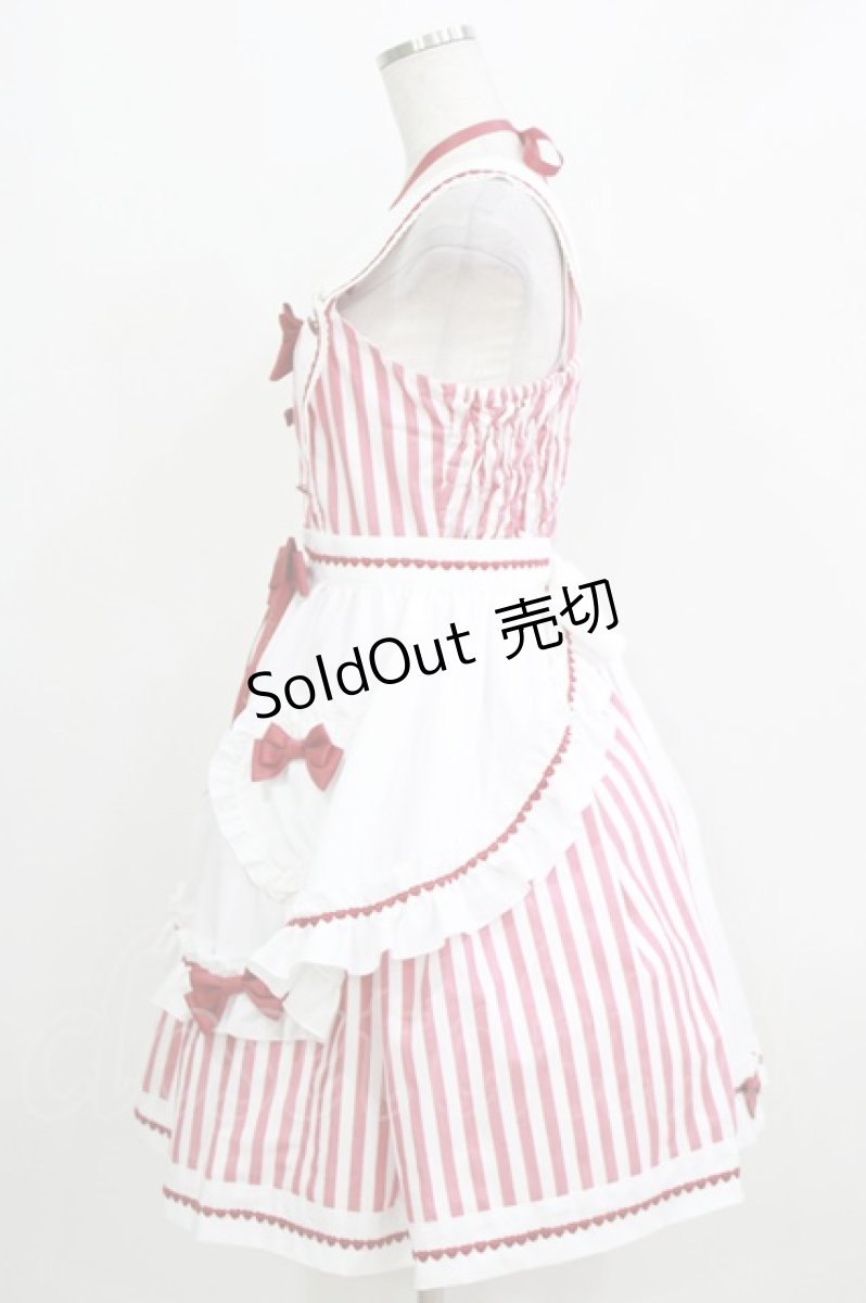 画像2: metamorphose / Chelsea エプロン付ジャンパースカート(ストライプ) Free レッド H-26-03-16-001-ME-OP-NS-ZH (2)