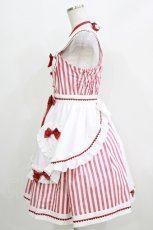 画像2: metamorphose / Chelsea エプロン付ジャンパースカート(ストライプ) Free レッド H-26-03-16-001-ME-OP-NS-ZH (2)