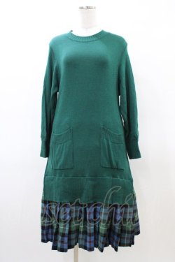 画像1: Jane Marple Dans Le Salon / Knit Tartan check trompe-l'oeil dress  グリーン H-26-03-17-1028-JM-OP-KB-ZH