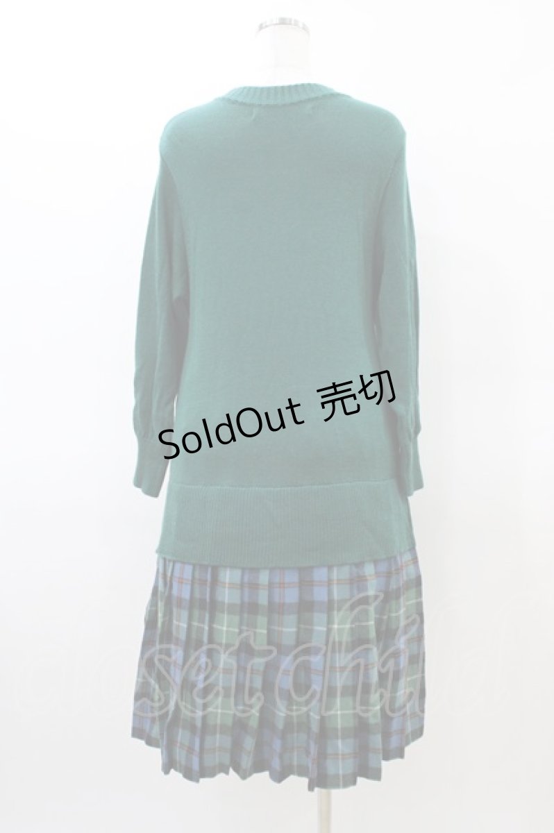 画像2: Jane Marple Dans Le Salon / Knit Tartan check trompe-l'oeil dress  グリーン H-26-03-17-1028-JM-OP-KB-ZH (2)