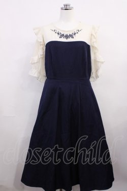 画像1: axes femme / ローズ刺繍ドッキングワンピース M ネイビー H-26-03-18-1011-AX-OP-NS-ZH