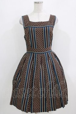 画像1: Jane Marple / ドットストライプのスクエアドレス  ネイビー×ブラウン H-26-03-25-002-JM-OP-KB-ZH