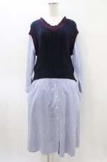 画像1: Jane Marple Dans Le Salon / Tilden vest and stripe trompe-l'oeil dress  ネイビー×ブルー H-26-04-02-1027-JM-OP-KB-ZH (1)
