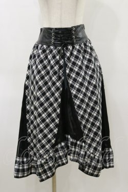 画像1: LISTEN FLAVOR / コルセット風切り替えレースアップスカート  ブラックチェック H-26-04-04-055-PU-SK-KB-ZH