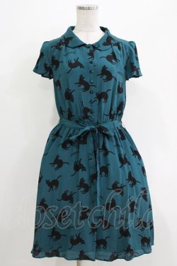 画像1: HYSTERIC GLAMOUR / キャットプリントワンピース  グリーン H-26-04-12-027-PU-OP-KB-ZH