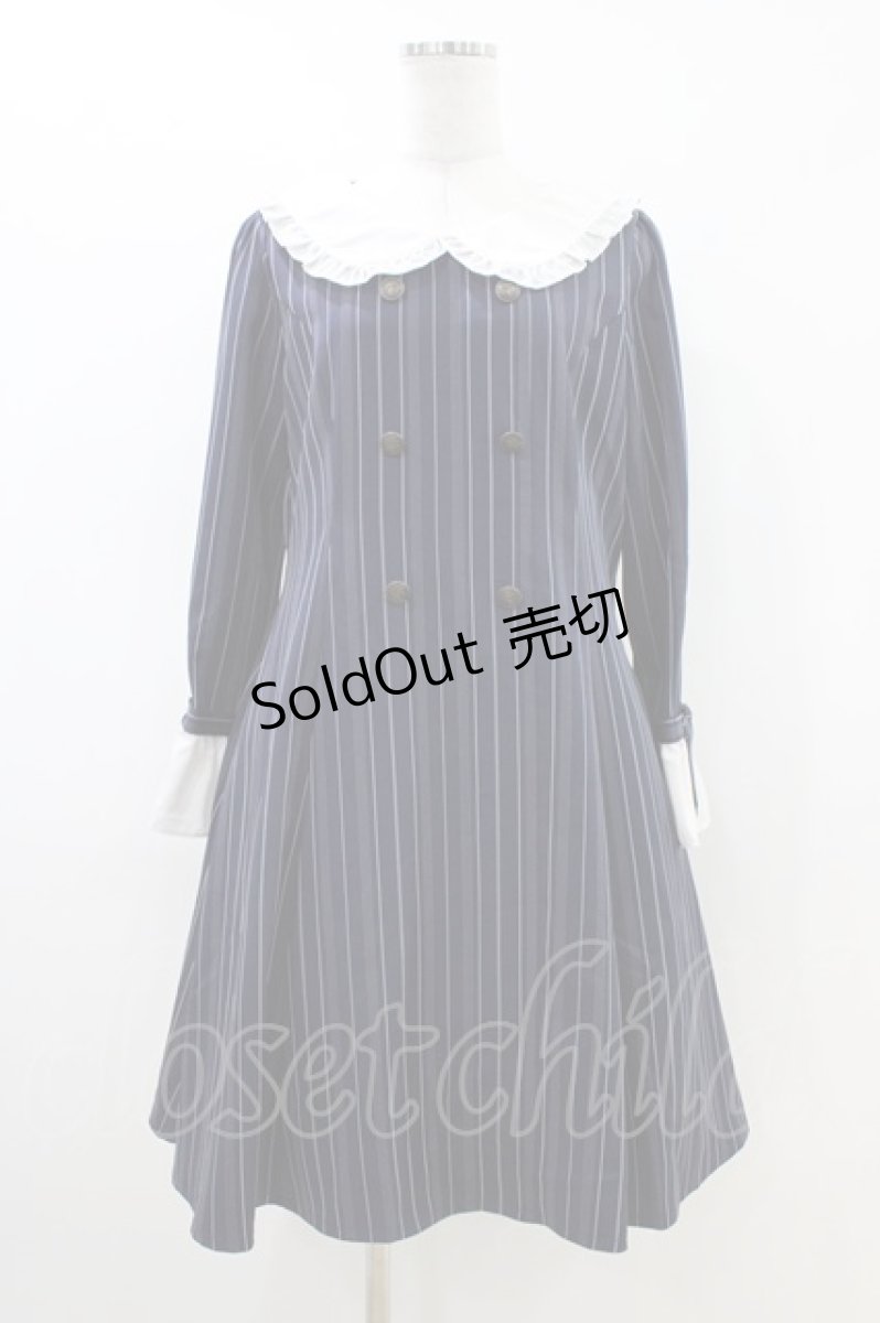画像1: axes femme POETIQUE / 袖リボンフリルストライプワンピース M ネイビー H-26-04-19-1038-AX-OP-NS-ZH (1)