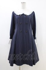 画像1: axes femme POETIQUE / 袖リボンフリルストライプワンピース M ネイビー H-26-04-19-1038-AX-OP-NS-ZH (1)