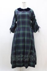画像1: Jane Marple Dans Le Salon / メモリアルチェックベルベットカラードレス  グリーン×ネイビー H-26-04-20-1019-JM-OP-KB-ZH (1)
