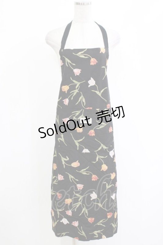 画像1: PINK HOUSE / チューリッププリントエプロン Free ブラック H-26-04-21-035-LO-OP-NS-ZH (1)
