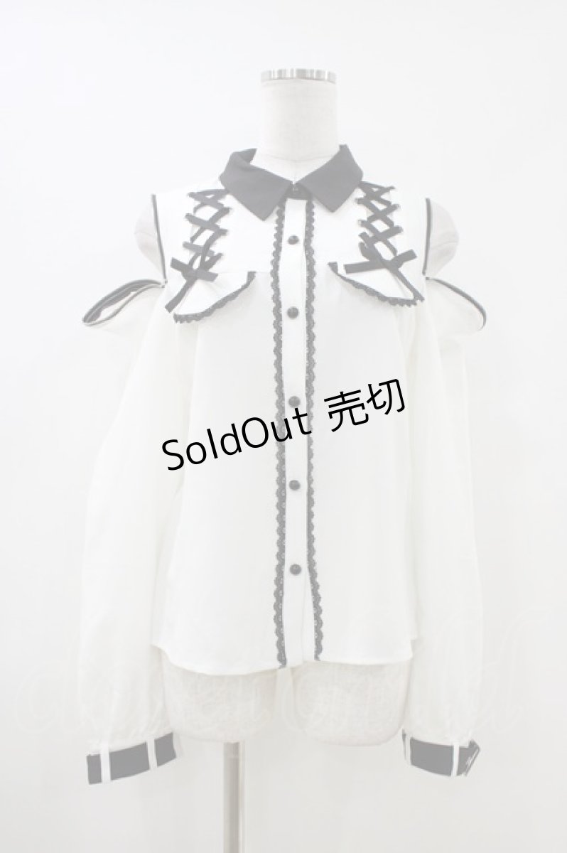 画像1: DearMyLove / オフショルジップレースアップブラウス M 白/ブラック H-26-05-13-1054-EL-BL-NS-ZH (1)