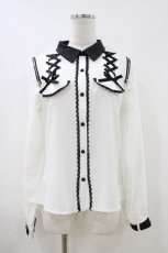 画像3: DearMyLove / オフショルジップレースアップブラウス M 白/ブラック H-26-05-13-1054-EL-BL-NS-ZH (3)
