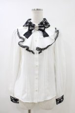 画像1: Secret Honey / パールレース襟ラッフルブラウス Free 白/ブラック H-26-05-13-1056-CA-BL-NS-ZH (1)