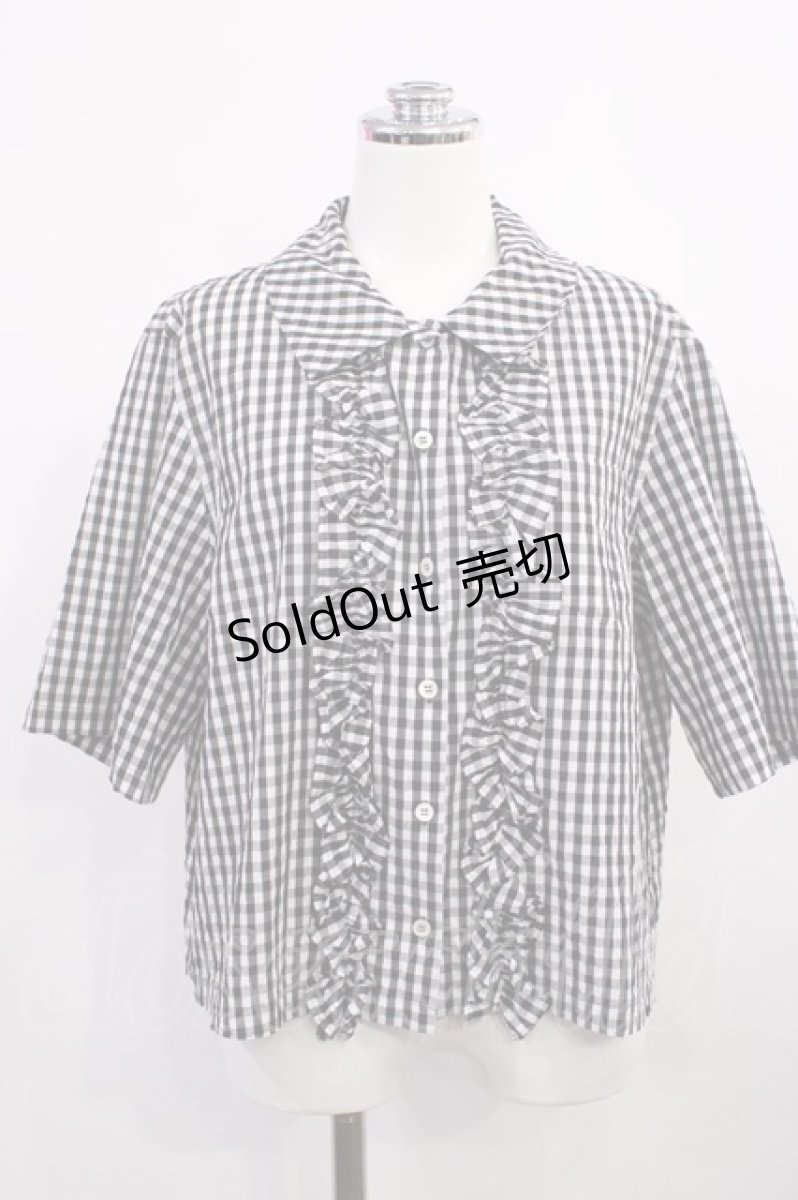 画像1: Jane Marple Dans Le Salon / Ripple gingham front frill shirt M ブラック H-26-05-28-1022-JM-BL-AK-ZH (1)